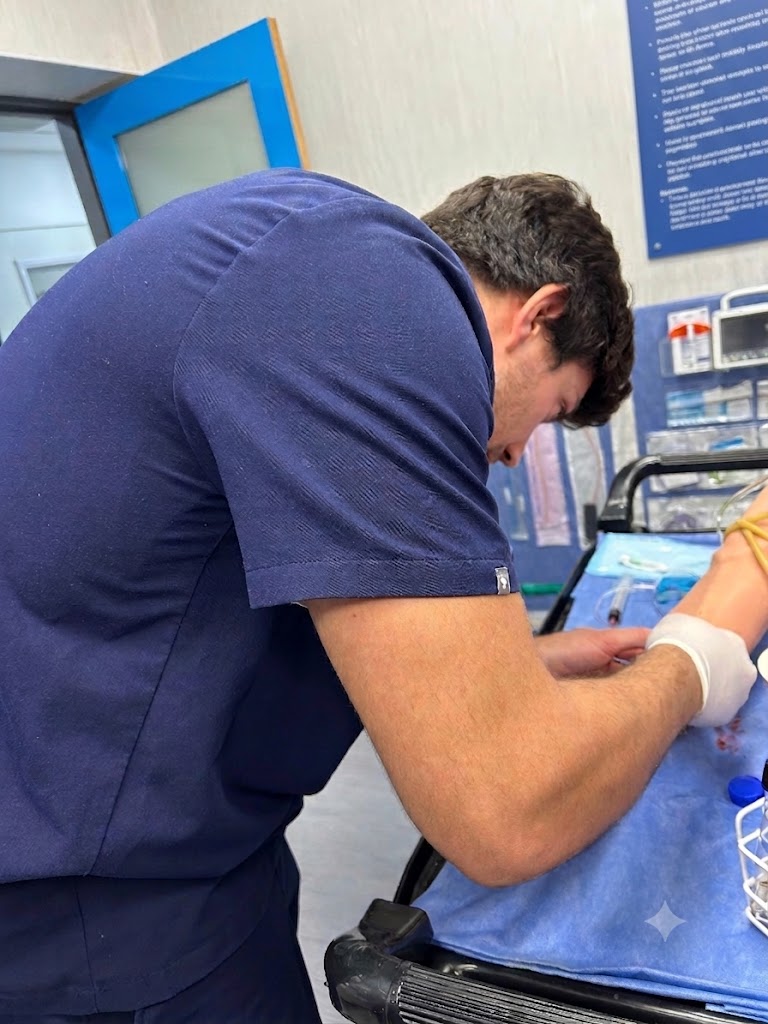Gabo de scrub azul praticando punção venosa em manequim